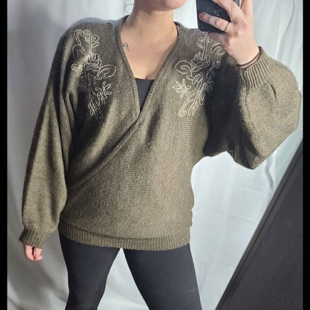 Vintage Brown Western Floral Embroidery Dolman Sleeve Cozy Sweater